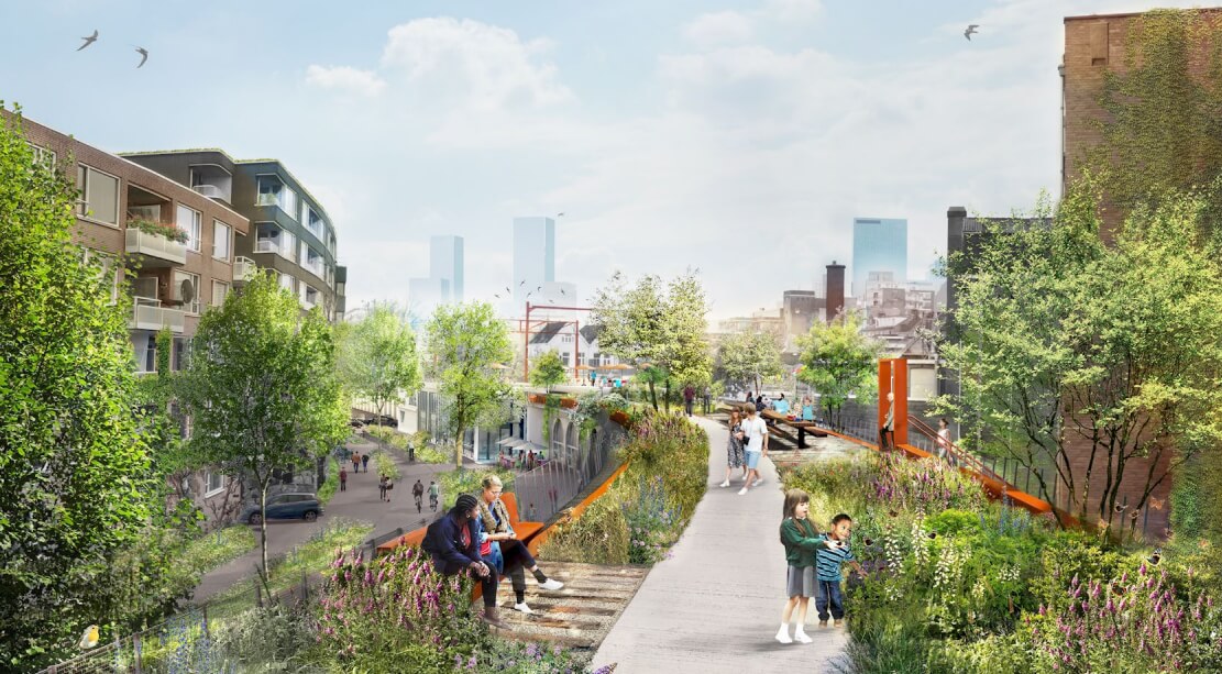 Elevating green spaces is the core of the City Projects, and part of that is the makeover of the Hofbogen Park built on the roof of the longest building in Rotterdam (c) DE URBANISTEN