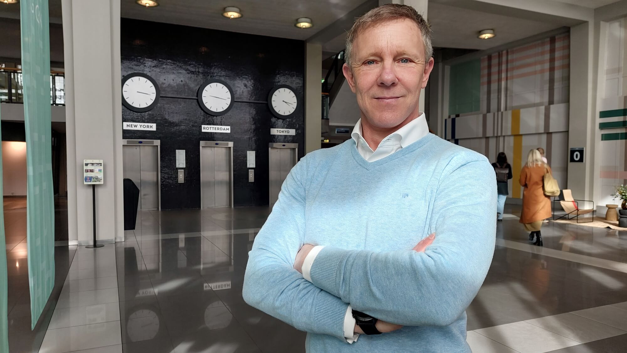 Michel Ingenbleek, co-founder of 12TOZERO in the central hall of the iconic Groot Handelsgebouw in Rotterdam, where 12TOZERO is located.  Photo by Rotterdam Partners.